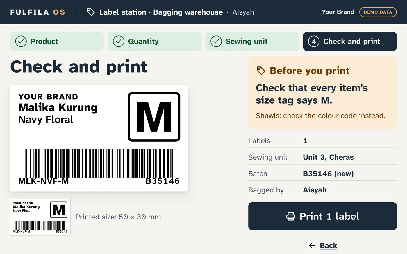 Label station screen: check and print a 50 by 30 mm item label with brand, product, size, SKU, batch and a barcode